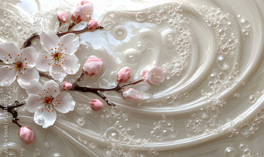 Fototapeta premium Cherry Blossom Branch with Water Bubbles in Elegant Spa-like Scene