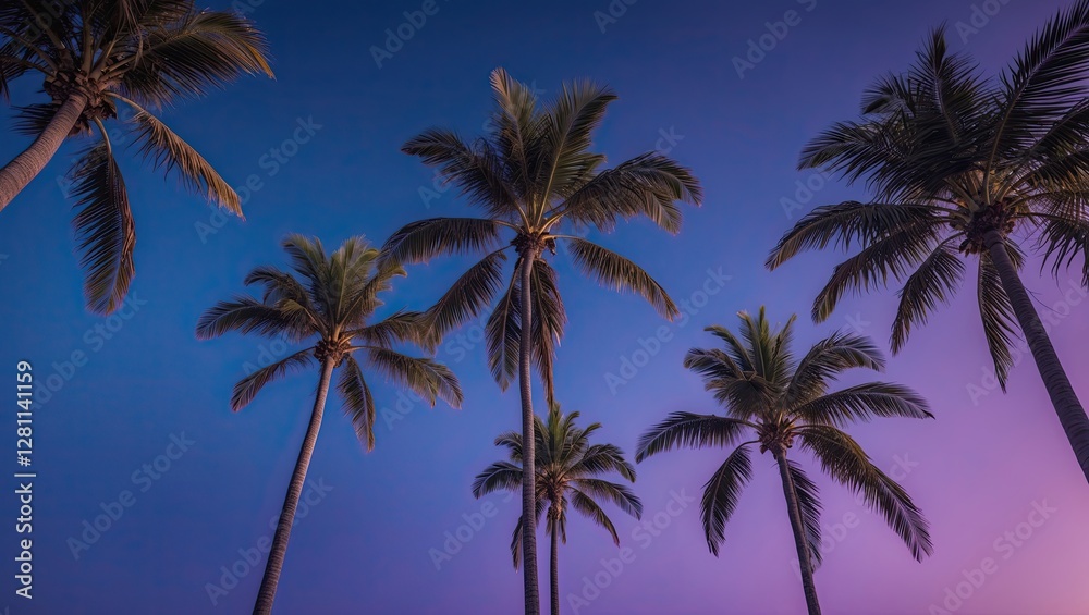 Silhouetted palm trees against a vibrant purple and blue twilight sky, creating a serene tropical atmosphere Silhouetted palm trees against a vibrant purple and blue twilight sky, creating a serene tropical atmosphere