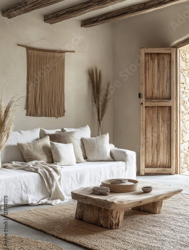 Interior of a room with couch and exposed beams photo