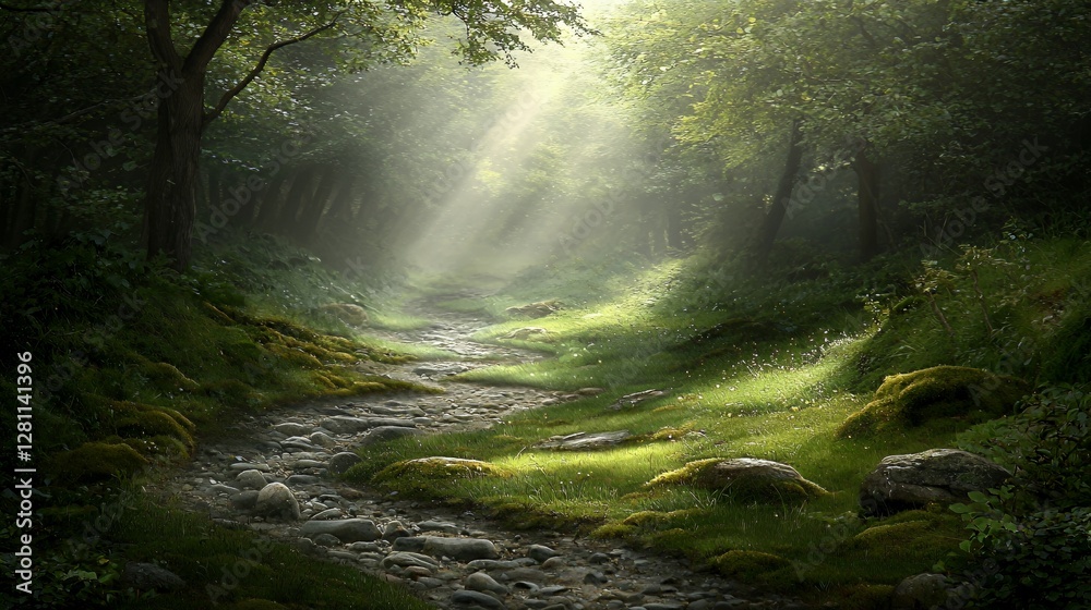 Obraz premium Sunlit Forest Path: A Magical Green Landscape