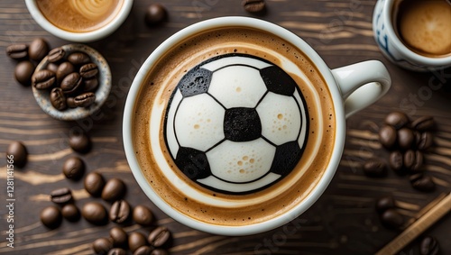 An artistic view of a soccer-themed latte with a black and white soccer ball design on top, surrounded by coffee beans and prepared cups on a wooden photo