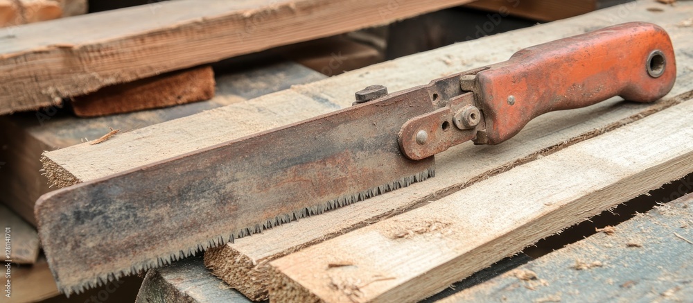Rusty Hand Saw on Wooden Pallets: A Close-Up View of a Vintage Tool Rusty Hand Saw on Wooden Pallets: A Close-Up View of a Vintage Tool