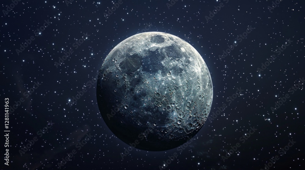 Fototapeta premium Realistic image of the Moon's surface with clear craters against a starry sky, perfect for scientific publications, educational materials on astronomy or space topics,