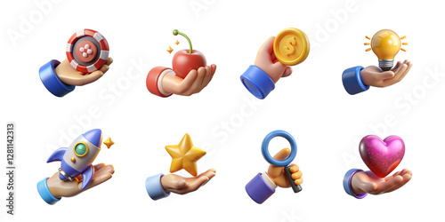 3d hands holding various items, coins and gaming icons. 