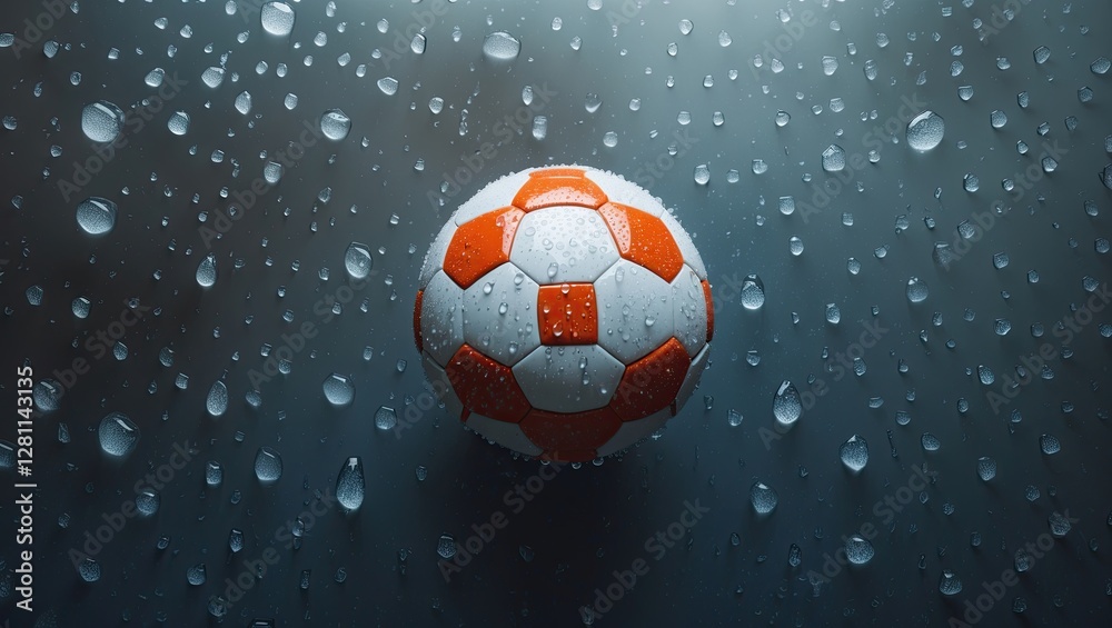 Fototapeta premium A close-up of a soccer ball surrounded by droplets of water, creating a dynamic and vibrant atmosphere