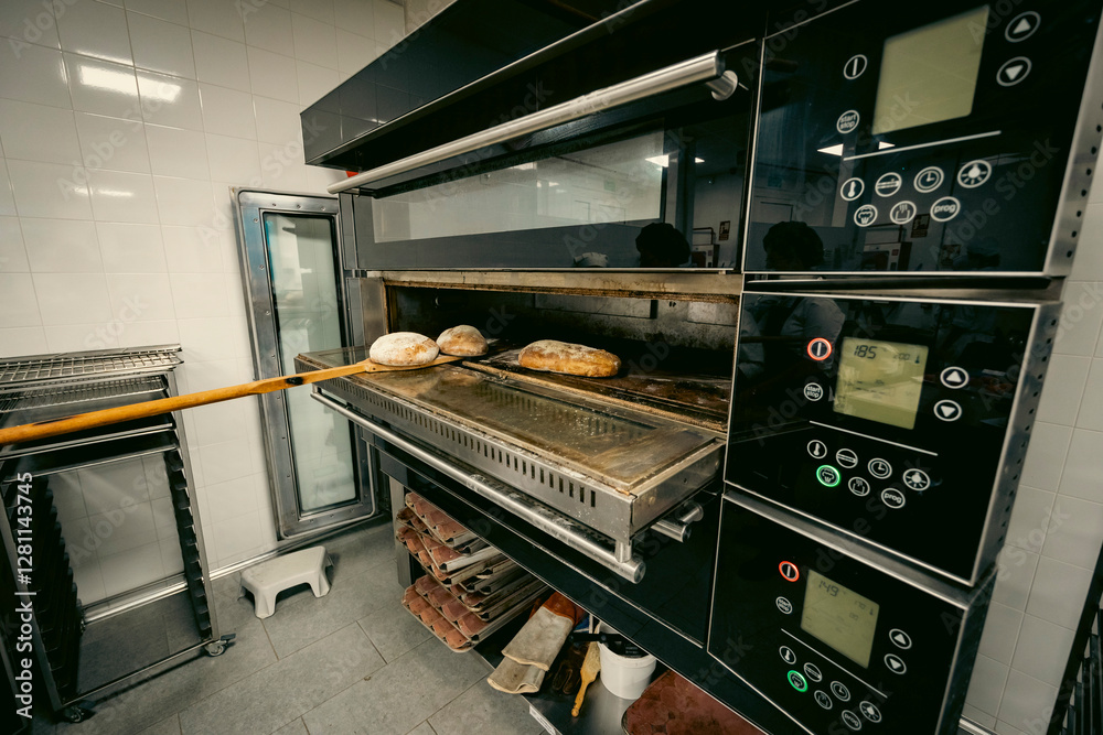 Freshly baked bread being removed from a modern professional oven in a bakery. Artisan baking process in a commercial kitchen with high-tech equipment.