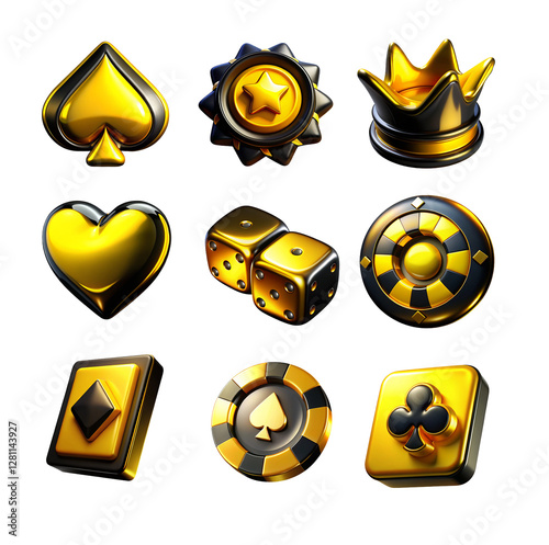 3d icon set of gold shiny assets, casino and game assets. 