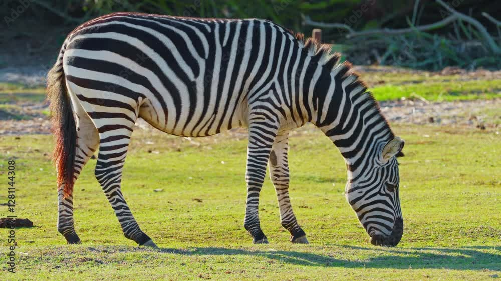 Closeup of a striped wild african zebra face standing and eating alone on the pasture. Wildlife of endangered animal species