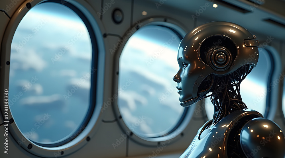 Fototapeta premium A futuristic robot with a shiny metallic surface gazes thoughtfully out of a spaceship window, observing the vastness of space and distant clouds