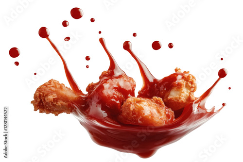 Ketchup sauce splashed on fried chicken wings isolated on transparent background