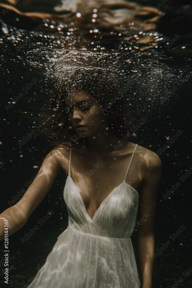 Obraz premium close-up photo of a blonde young woman submerged in water, her delicate face illuminated by rippling sunlight. Her expression is serene, with slightly parted lips and closed eyes, as if lost