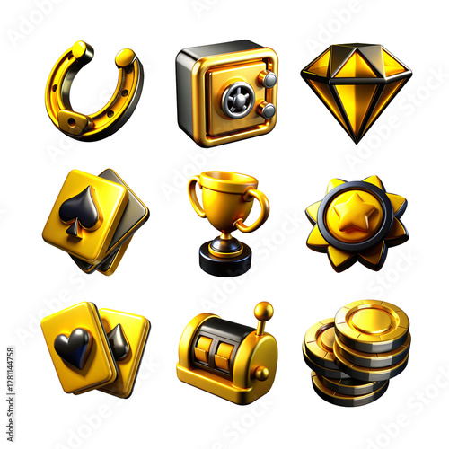 3d icon set of gold shiny assets, casino and game assets. 