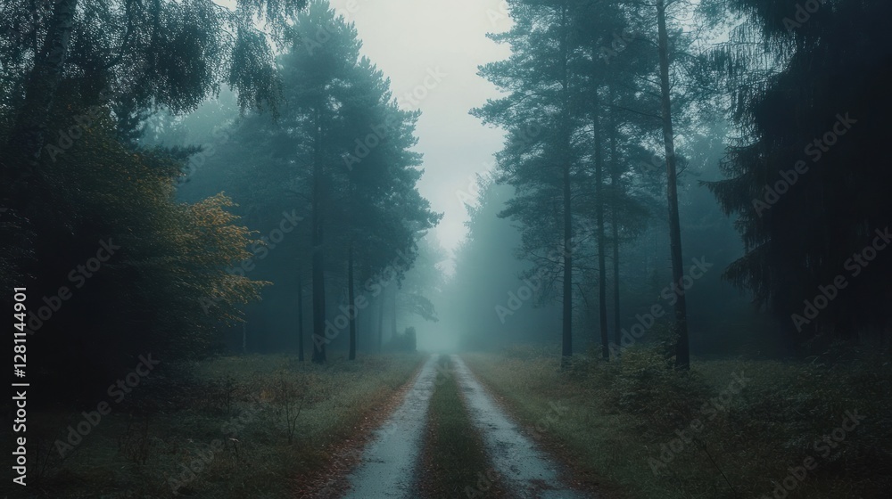 Misty forest path disappearing into fog.