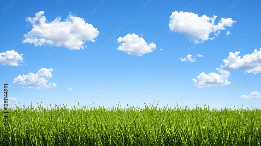 Vibrant Green Grass Field Under a Blue Sky with Fluffy White Clouds Vibrant Green Grass Field Under a Blue Sky with Fluffy White Clouds