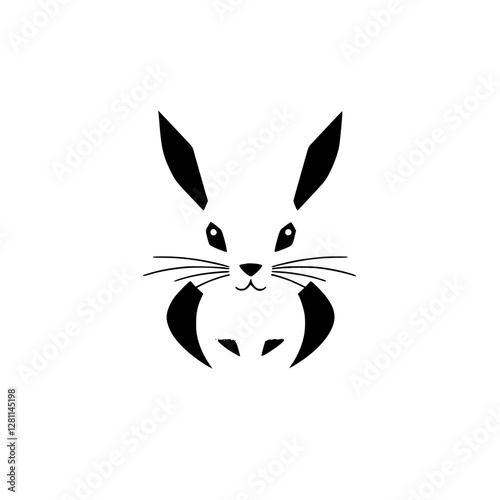 Minimalist rabbit face with sharp black ears, a nose, whiskers, and a sleek, simplistic design on a bright white background.