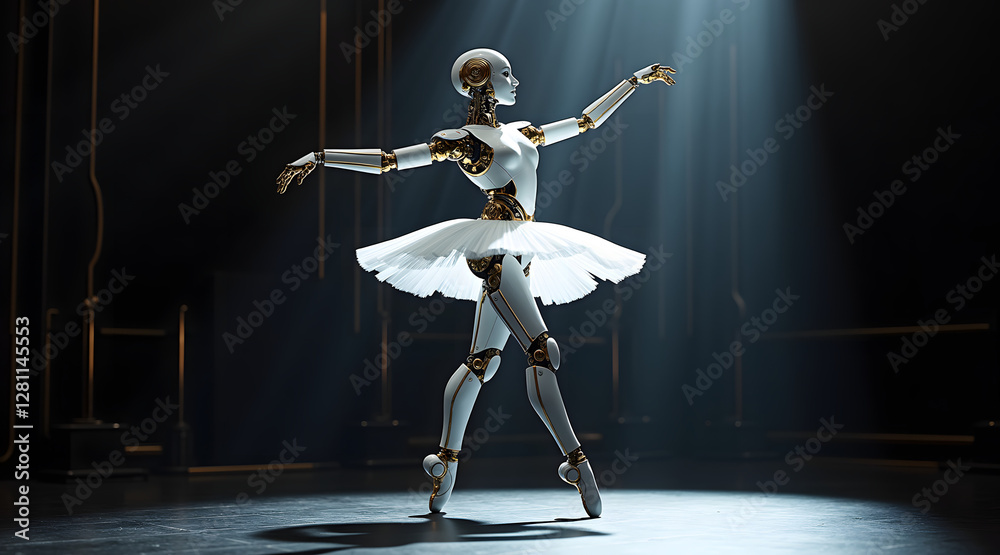 A graceful robot dancer performs in a spotlight, showcasing a beautiful white tutu. The scene blends technology with elegance in a modern artistic setting A graceful robot dancer performs in a spotlight, showcasing a beautiful white tutu. The scene blends technology with elegance in a modern artistic setting