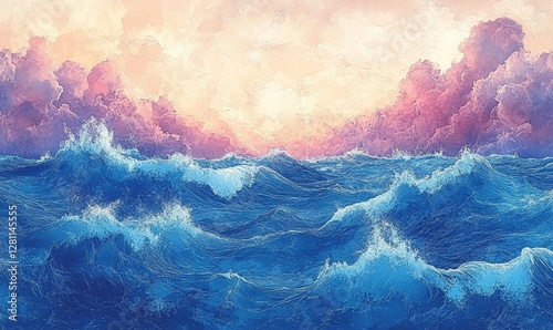 Beautiful Blue Ocean Waves Under Majestic Cloudy Sky at Sunrise, Tranquil Seascape with Vibrant Colors and Serene Atmosphere, Ideal for Nature and Travel Themes, Romantic Ocean View at, Generative AI