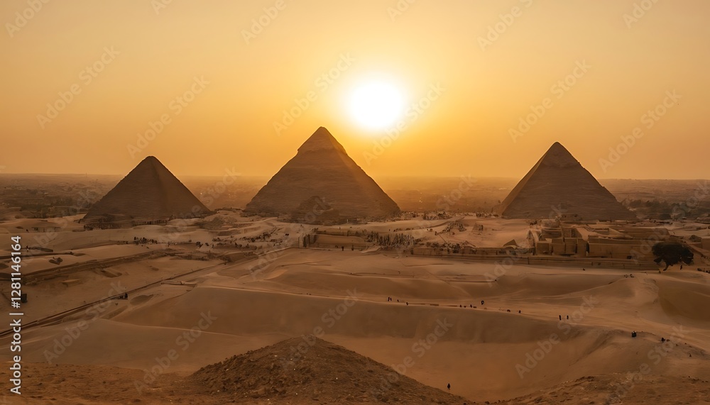 Sunset over the Pyramids of Giza, Egypt.Great Pyramids and The camel caravan is in front of the Egyptian pyramids, Giza, Egypt9456 Sunset over the Pyramids of Giza, Egypt.Great Pyramids and The camel caravan is in front of the Egyptian pyramids, Giza, Egypt9456