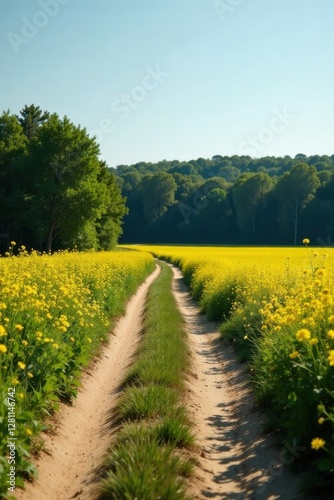 A sun-drenched dirt road meanders through a vibrant field of blooming yellow wildflowers, leading towards a tranquil forest under a clear, bright sky.