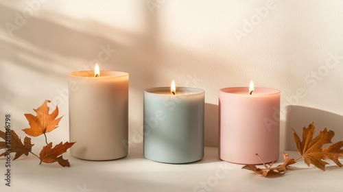 Soft lighting emanates from pastel candles positioned on a white modern table, surrounded by an arrangement of autumn leaves, resulting in a cozy and serene ambiance perfect for decorating seasonally