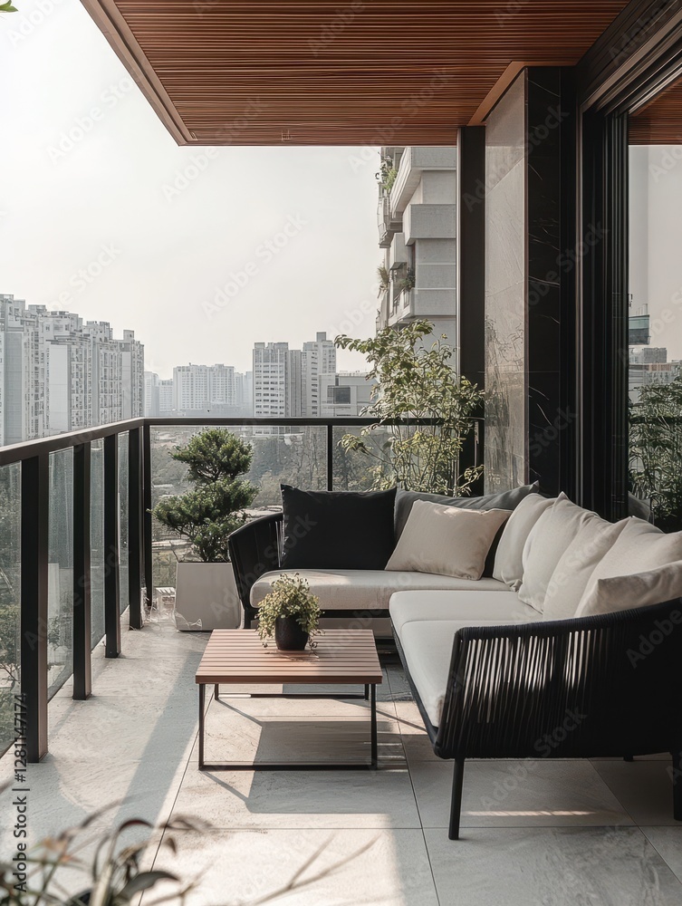 Fototapeta premium Contemporary modern balcony showcases furniture with a city view