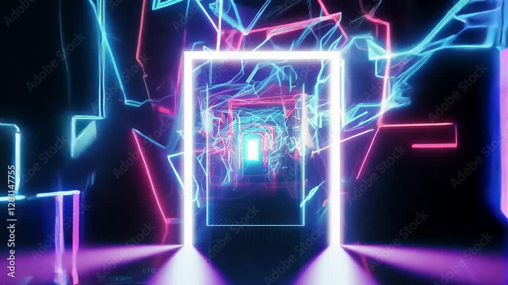 Futuristic cyber doorway outlined in neon, with ethereal light, dramatic backlit, neon accents, 360-degree rotation video, glitches, digital artifacts Futuristic cyber doorway outlined in neon, with ethereal light, dramatic backlit, neon accents, 360-degree rotation video, glitches, digital artifacts