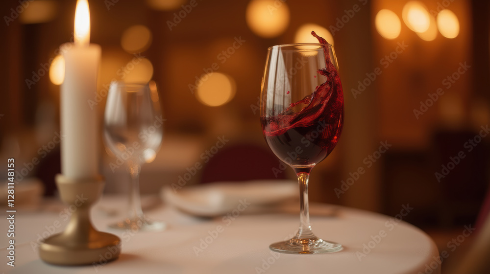 glass of red wine with splash, candlelight ambiance, elegant dining glass of red wine with splash, candlelight ambiance, elegant dining