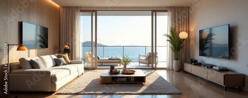 Modern apartment  sea view  elegant furniture  calming decor  bright  airy