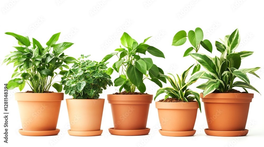 Fototapeta premium Different Types of Green Potted Plants on Isolated White Background