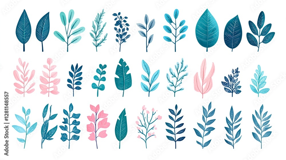 Obraz premium Watercolor Leaves in Pastel Colors on White Background Design