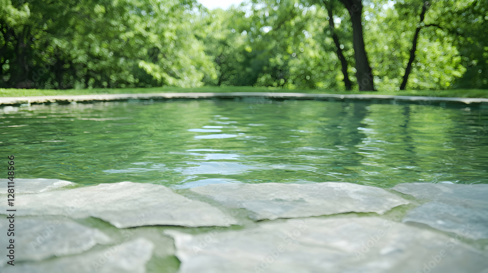 Fototapeta premium Stone-paved swimming pool filled with clear green water surrounded by lush green trees on a sunny day.