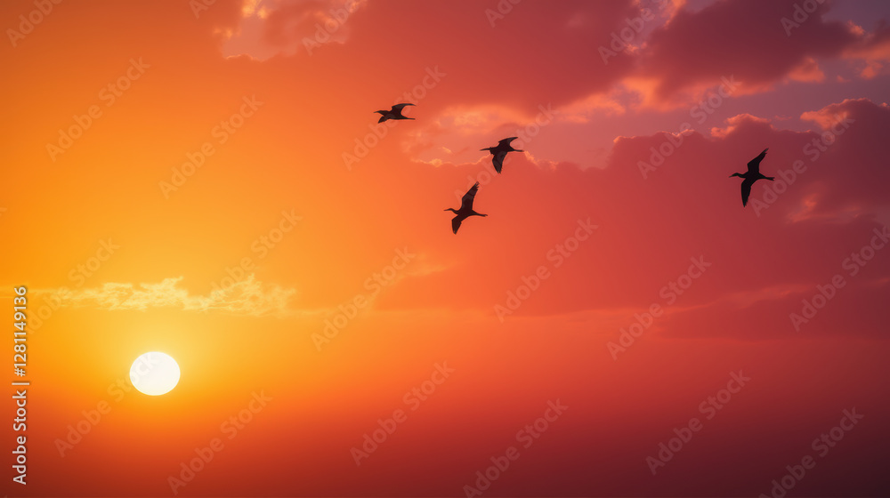 Fototapeta premium serene sunset with birds flying across colorful sky