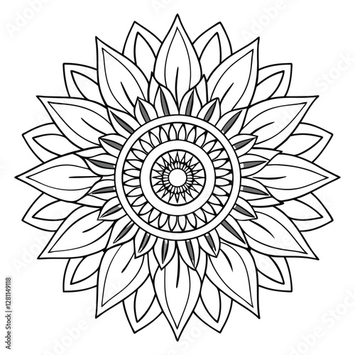 Mandala Flower Coloring Page: Intricate Floral Design, Detailed Pattern, Printable Art, Relaxation, Stress Relief, Black and White Illustration