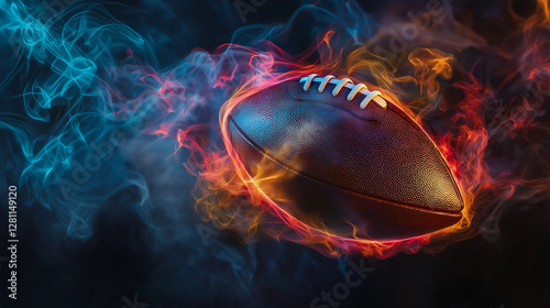 High-Speed American Football Flying Through Fiery Blue and Red Smoke in Dark Background
