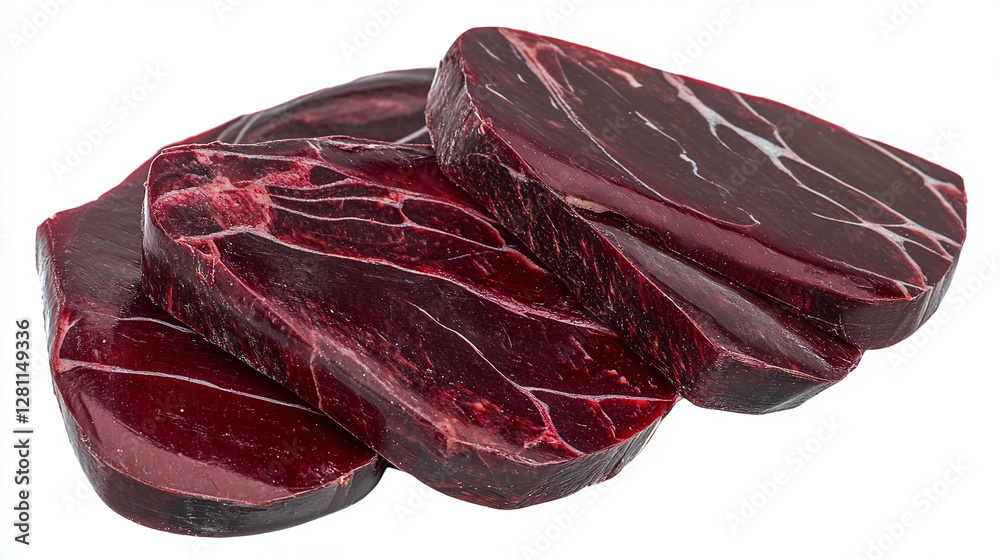 Obraz premium Close-up shot of several pieces of raw, dark red meat stacked together on a white background, showcasing the texture and pattern of the cut.