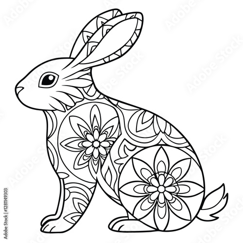 Rabbit Coloring Page: Intricate Floral Pattern Design for Adults & Kids, Printable Animal Art Therapy, Easter Bunny Illustration