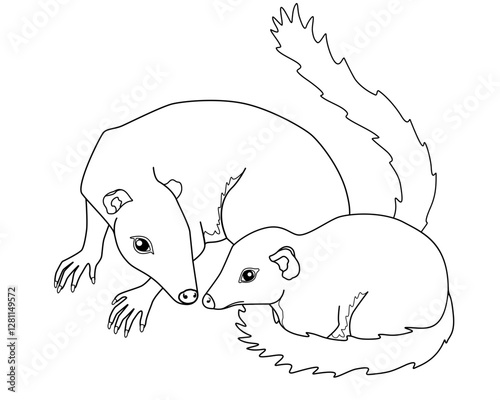 Adult treeshrews with her cub - vector linear coloring picture with banxrings. Outline. Tree shrews or Tupaia small mammal with her baby	