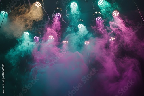 Strobe lights on the concert stage create a mesmerizing display of purple and blue lighting, surrounded by white smoke