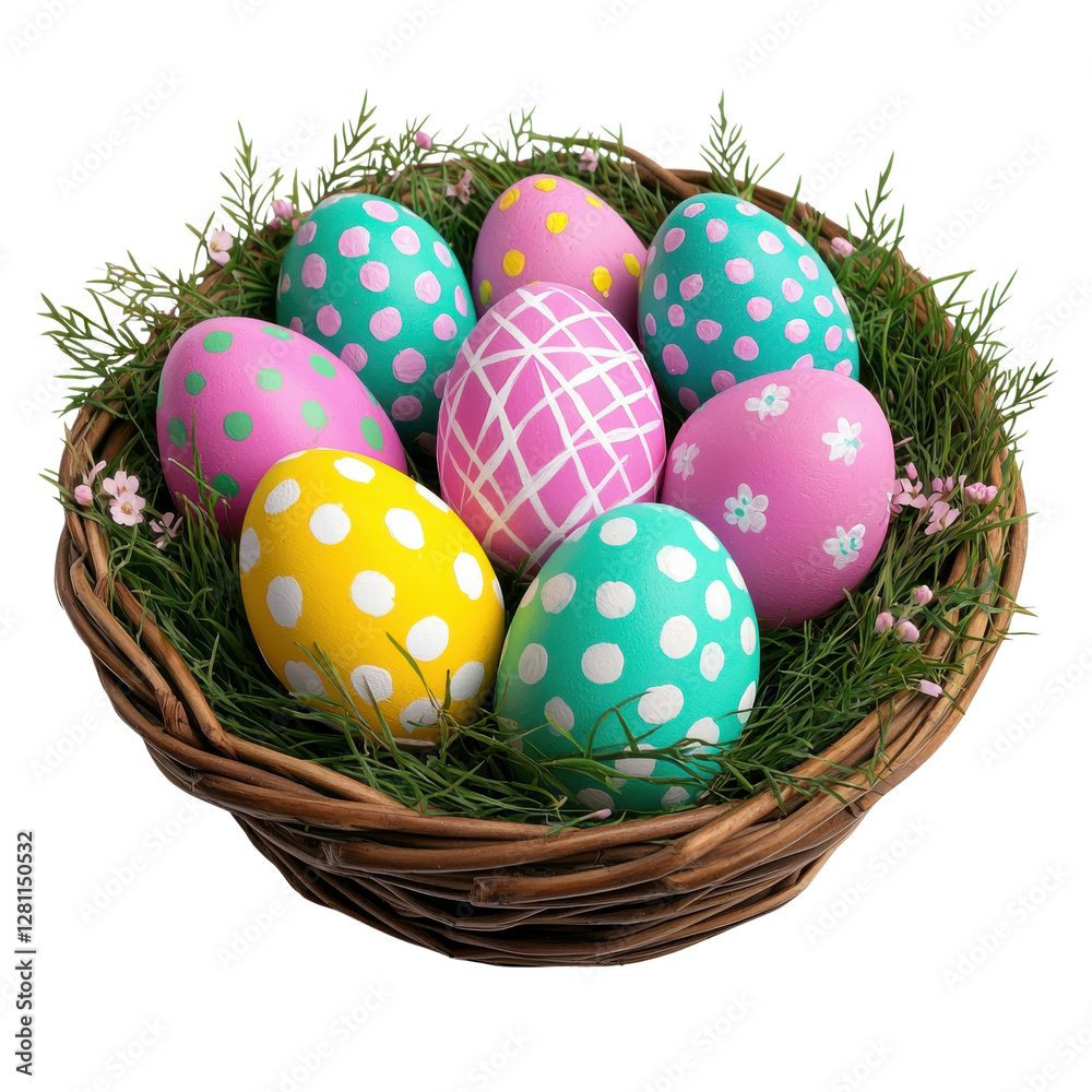 Fototapeta premium A vibrant basket filled with colorful, decorated Easter eggs set atop green grass and surrounded by small flowers.