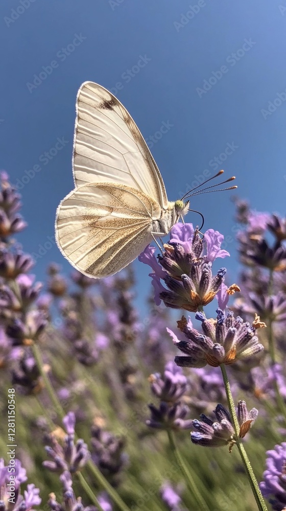 Naklejka premium White Butterfly Perched on Lavender Flowers Against a Clear Blue Sky, Generative AI