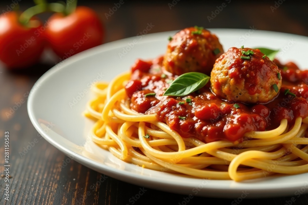 Close-up of spaghetti, meatballs, rich tomato sauce, texture, food photography Close-up of spaghetti, meatballs, rich tomato sauce, texture, food photography