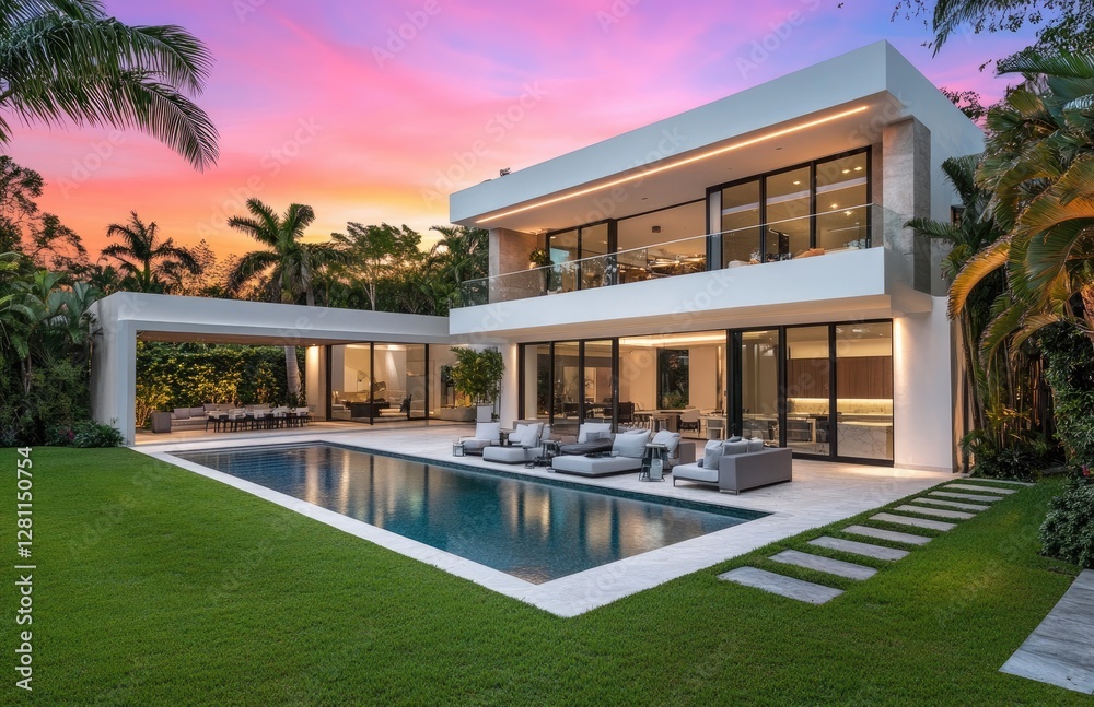 Obraz premium A modern home in South Florida with white stucco walls, large windows, and sliding glass doors leading to an outdoor patio area that has a dining table