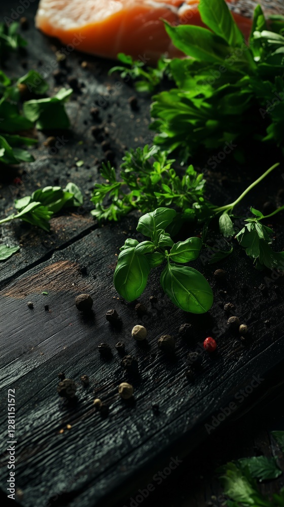 custom made wallpaper toronto digitalFresh herbs and peppercorns on rustic wooden surface with salmon