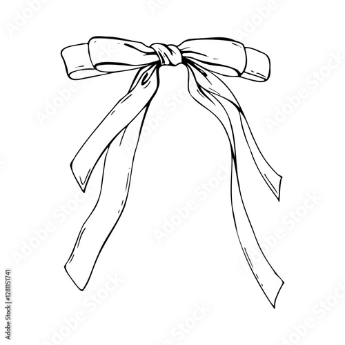 Satin bow made of fabric, narrow in two layers with long twisted ribbons. Graphic sketch illustration hand drawn line art, outline in black ink. Single isolated element vector EPS, for decoration