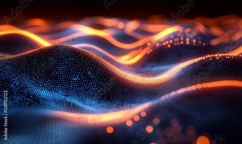 Futuristic Digital Data Flow Concept with Glowing Binary Code Matrix in Blue and Orange, 3D Rendering of Technological Information Stream for Science and Technology, Generative AI