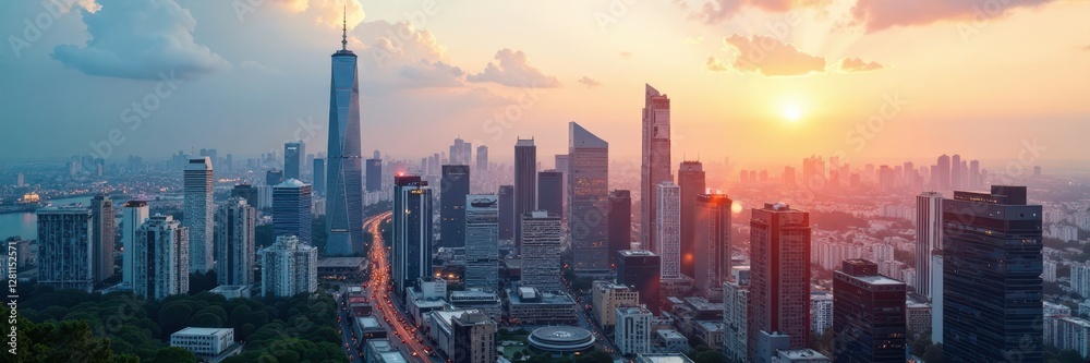 Solar panels integrated into city skyline architecture , clean energy, environmentally friendly Solar panels integrated into city skyline architecture , clean energy, environmentally friendly