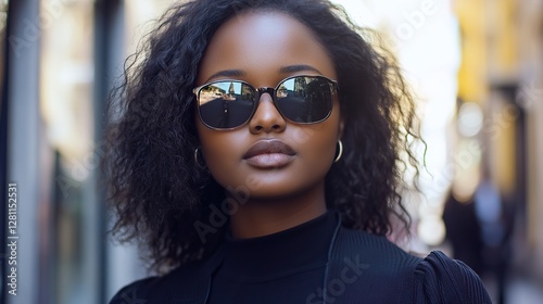 Wallpaper Mural Attractive young woman in sunglasses and black top, urban street style portrait, vibrant city life background. Torontodigital.ca