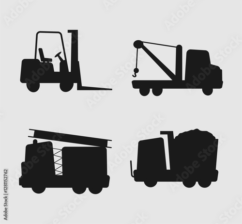 Silhouettes of forklift, tow truck, fire truck, and dump truck suitable for transportation, industrial, and construction themed designs and projects.