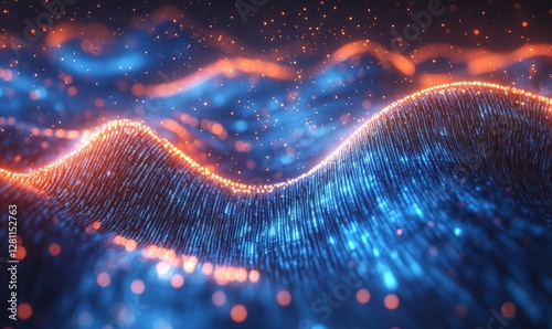 Futuristic Digital Data Flow Concept with Glowing Binary Code Matrix in Blue and Orange, 3D Rendering of Technological Information Stream for Science and Technology, Generative AI