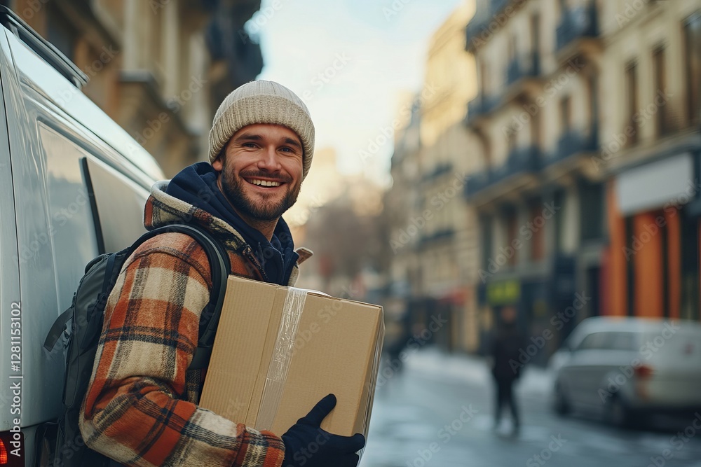 Smiling delivery man in uniform carries package from his white van, delivering parcel to customer, walking outdoors, Generative AI Smiling delivery man in uniform carries package from his white van, delivering parcel to customer, walking outdoors, Generative AI